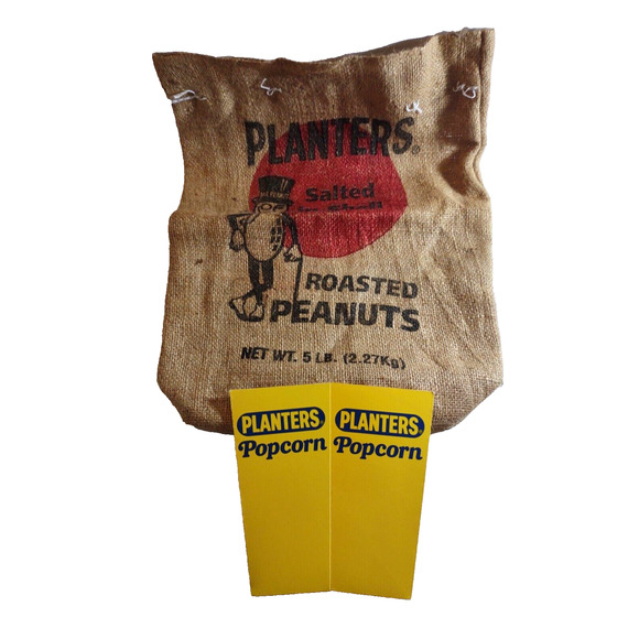 Planters Mr Peanut Vintage Burlap Roasted Nut 5 Pound Bag Sack + Popcorn Holder - Picture 1 of 5